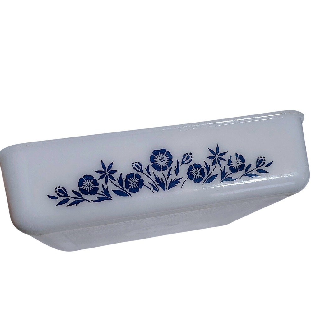 Vintage Fire King Ovenware 8 Inch Square Baking Dish Blue Floral Milk‎ Glass